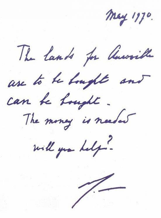 Handwritten letter from May 1970: 'The lands for Auroville are to be bought and can be bought. The money is needed — will you help?'