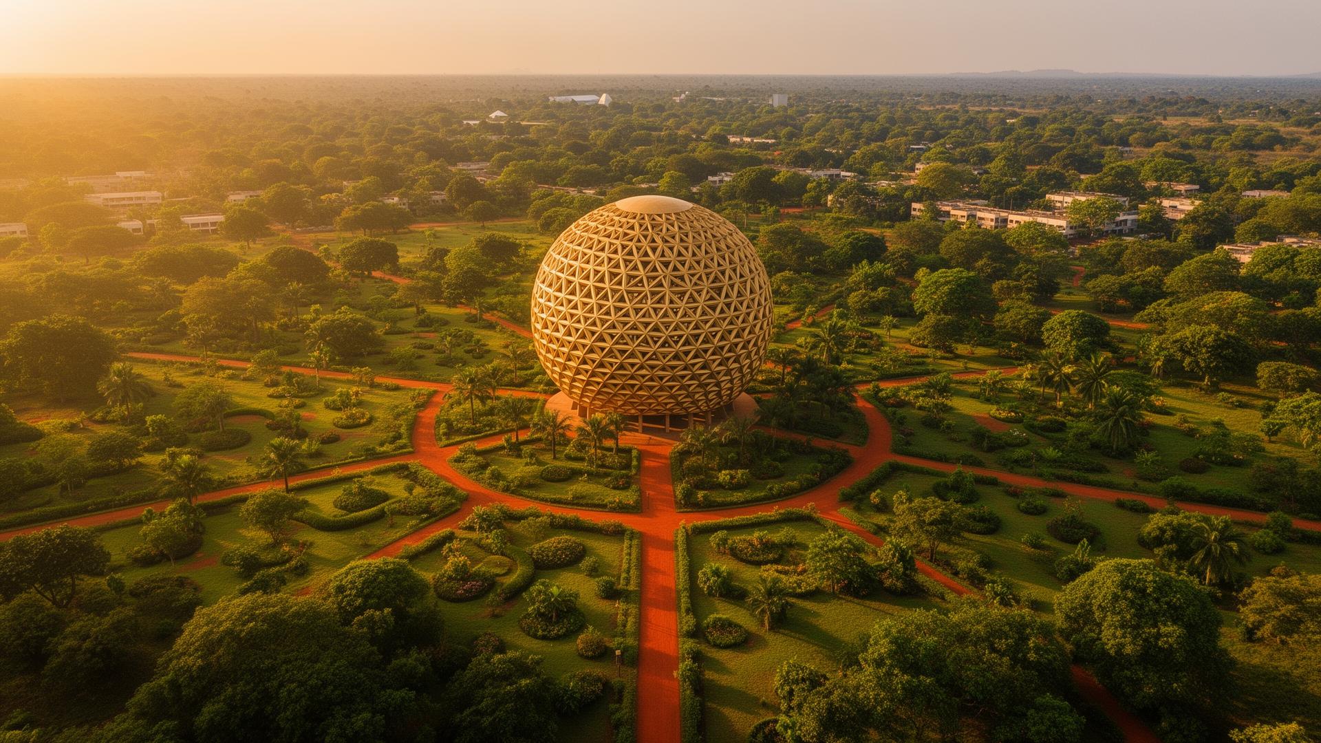 Aerial view of Auroville's Matrimandir surrounded by gardens